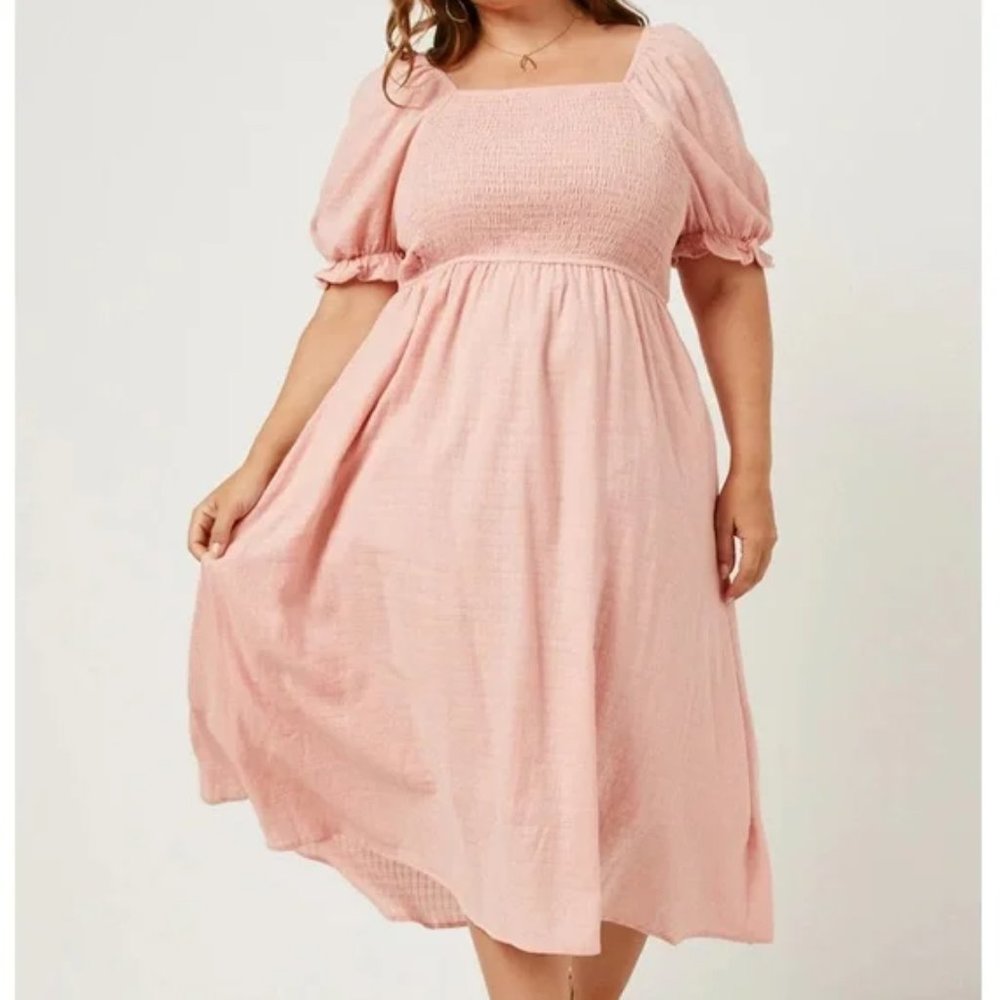 Smocked Bodice Puff Sleeve Midi Dress NWT Women's and Plus Sizes Available - Picture 5 of 6